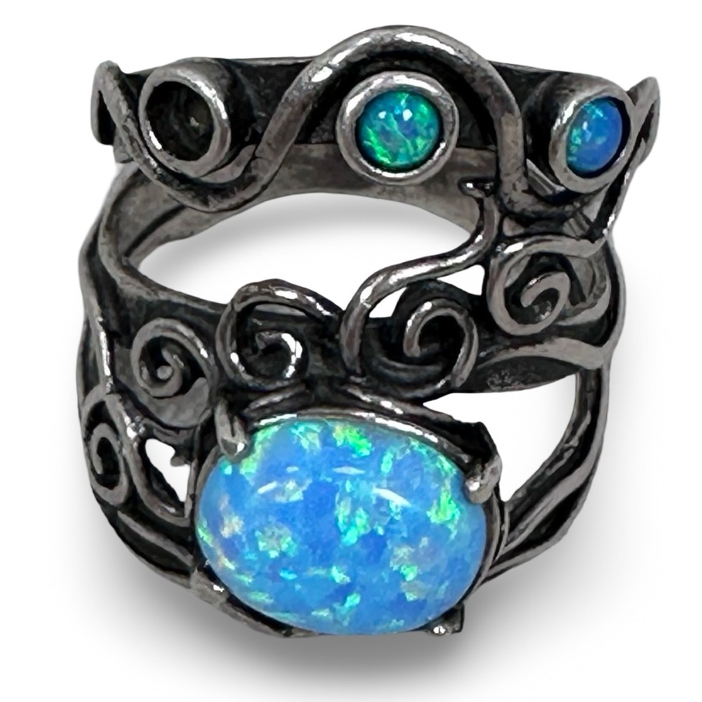 Vintage Israel 925 Sterling Silver Blue Opal Filigree Scroll Ring Jewish Artisan